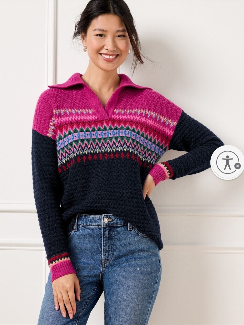 Talbots Pink Blue Johnny Collar Sweater - Chevron Fair Isle Sz Small